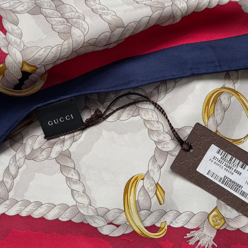 New Gucci Scarf GG Logo Ropes Print Nautical Style Silk Wrap